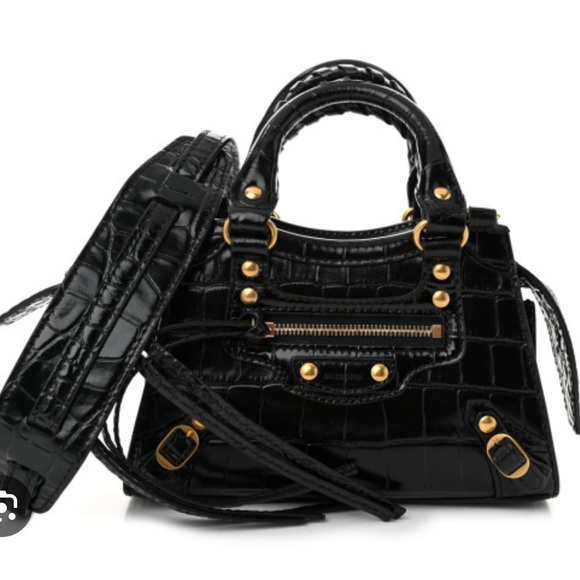 Balenciaga Black Croc-Embossed Neo Classic Nano city crossbody